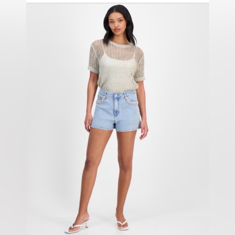 Bar III Women's Rhinestone-Pocket Denim Shorts, Exclusively at Macy's